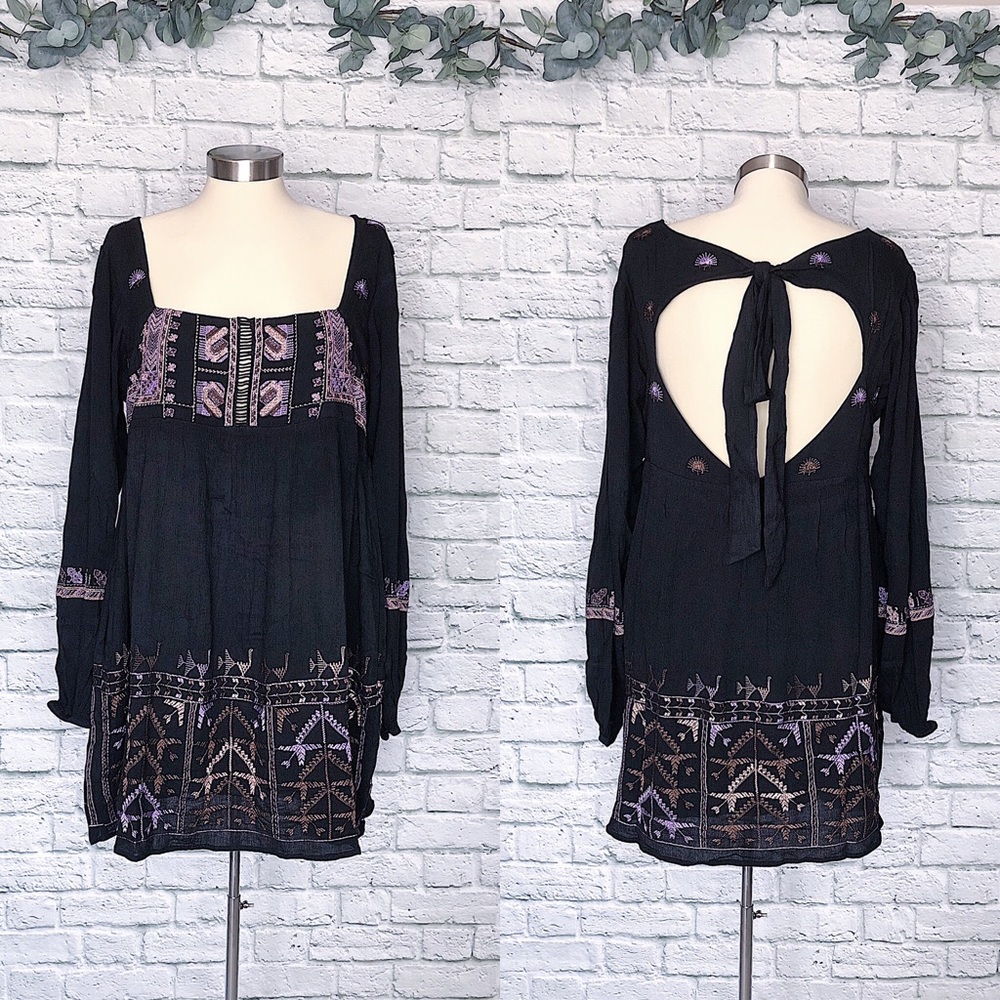 FREE PEOPLE NWT Rhiannon Peasant Embroidered Mini Dress S Black Purple